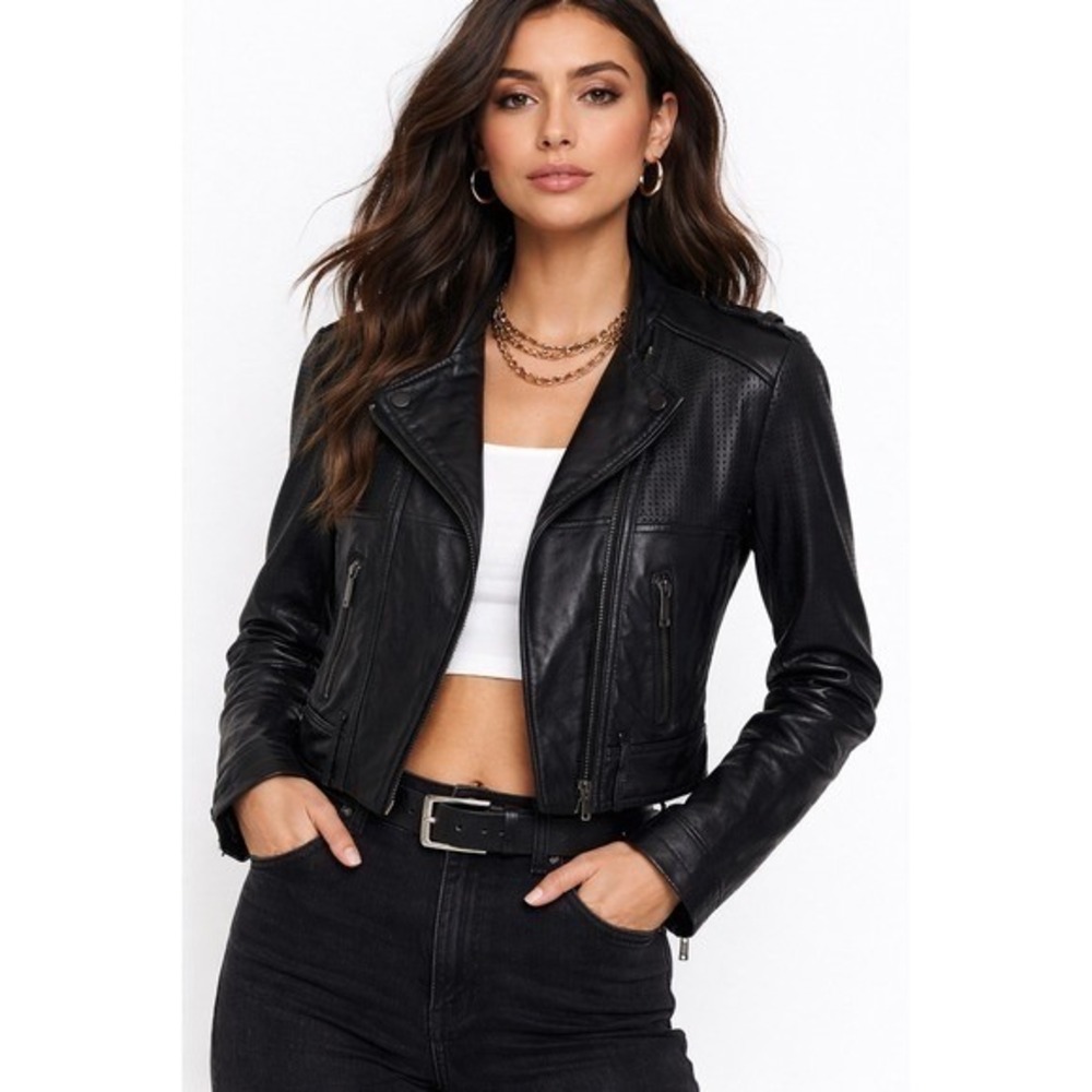 Michael Kors Black Perforated Leather Moto Jacket Size M Asymmetric Zip
